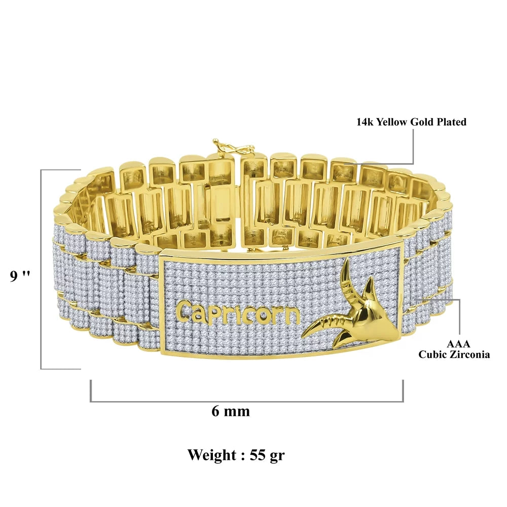 Zodiac Sign Astrology Horoscope Capricorn Horse 14K Gold Yellow Tone Simulated Diamond Mens Bracelet 8.5''