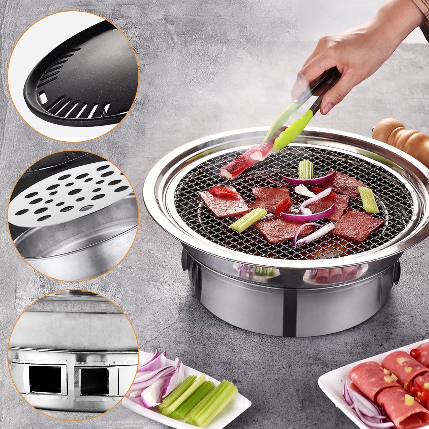 BBQ Charcoal Grill, Portable Household Korean Grill, Smoker Grill Non-stick Round Carbon Barbecue Grill Camping Grill Stove for Outdoor, Indoor and Picnic