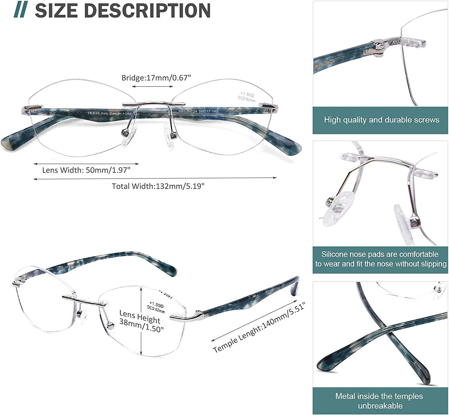 AQWANO Rimless Computer Reading Glasses Blue Light Blocking Women Readers UV400 Protect Clear Lens Ladies Fashion Designer Frame, 2.5