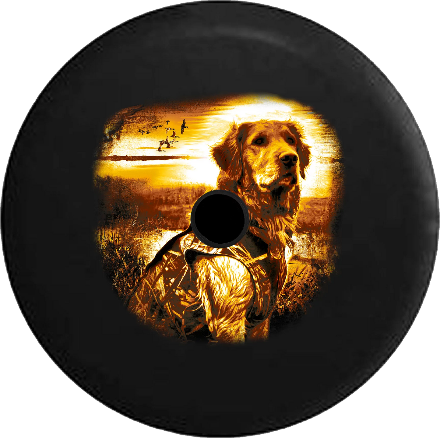 2018 2019 Wrangler JL Backup Camera Golden Retreiver Bird Hunting Dog Sunset Spare Tire Cover for Jeep RV 33 Inch