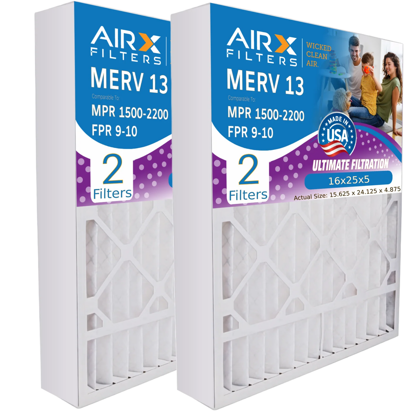 16x25x5 Air Filter MERV 13 Comparable to MPR 1500 - 2200 & FPR 9 Compatible with GeneralAire 14161 Premium USA Made 16x25x5 Furnace Filter 2 Pack by AIRX FILTERS WICKED CLEAN AIR.