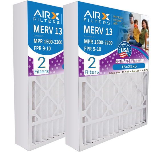 16x25x5 Air Filter MERV 13 Comparable to MPR 1500 - 2200 & FPR 9 Compatible with GeneralAire 14161 Premium USA Made 16x25x5 Furnace Filter 2 Pack by AIRX FILTERS WICKED CLEAN AIR.