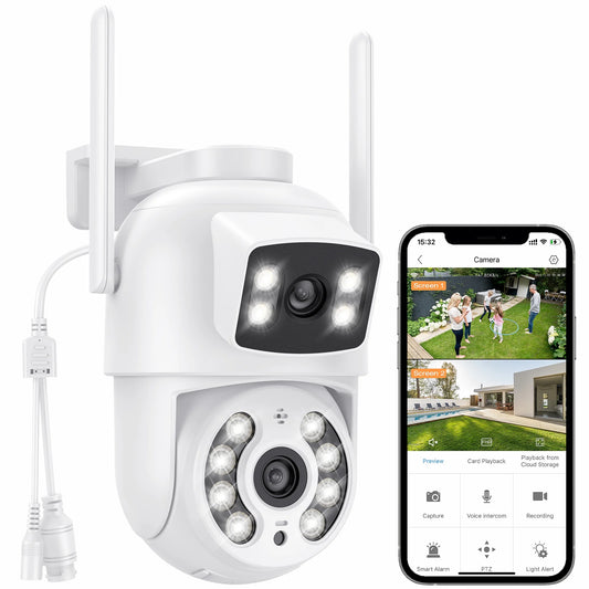 TOPVISION Dual Lens Security Camera Outdoor, 6MP Dual Lens Smart Linkage, IP66 Waterproof 2.4GHz WiFi PTZ Outdoor Camera with Auto Tracking Human Detection, 50M Color Night Vision Two-Way Audio