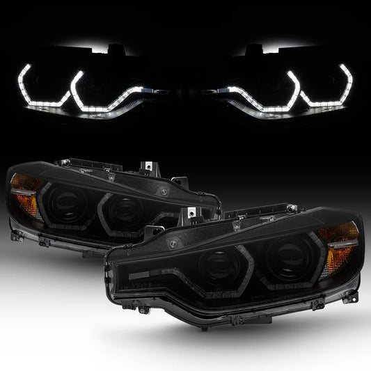 AKKON - For BMW F30 3-Series 4 Doors Sedan Black Smoked Factory Halogen Type Dual U-Halo Ring LED Projector Headlights