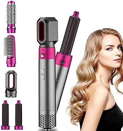 5-in-1 Electric Hair Dryer Brush - Negative Ionic Hair Styler with Detachable Brush Heads - Blow Dryer Brush for Straightening and Automatic Curling Styling, Color: PinkGold