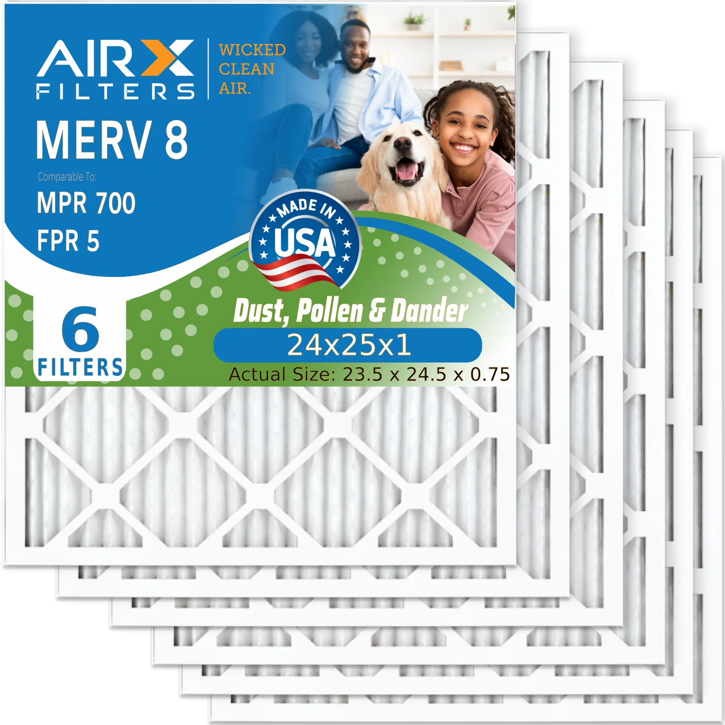 24x25x1 Air Filter MERV 8 Comparable to MPR 700 & FPR 5 Electrostatic Pleated Air Conditioner Filter 6 Pack HVAC AC Premium USA Made 24x25x1 Furnace Filters by AIRX FILTERS WICKED CLEAN AIR.