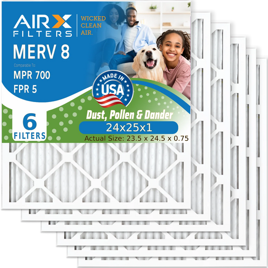 24x25x1 Air Filter MERV 8 Comparable to MPR 700 & FPR 5 Electrostatic Pleated Air Conditioner Filter 6 Pack HVAC AC Premium USA Made 24x25x1 Furnace Filters by AIRX FILTERS WICKED CLEAN AIR.