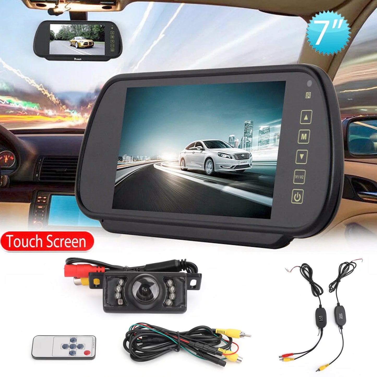 7" Mirror Monitor Wireless Car Rear View Kit + IR Night Rear View Camera