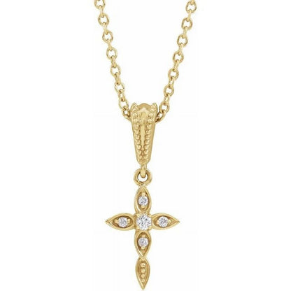 14K Yellow .03 CTW Natural Diamond Petite Vintage-Inspired 16-18" Cross Necklace 87053:702:P