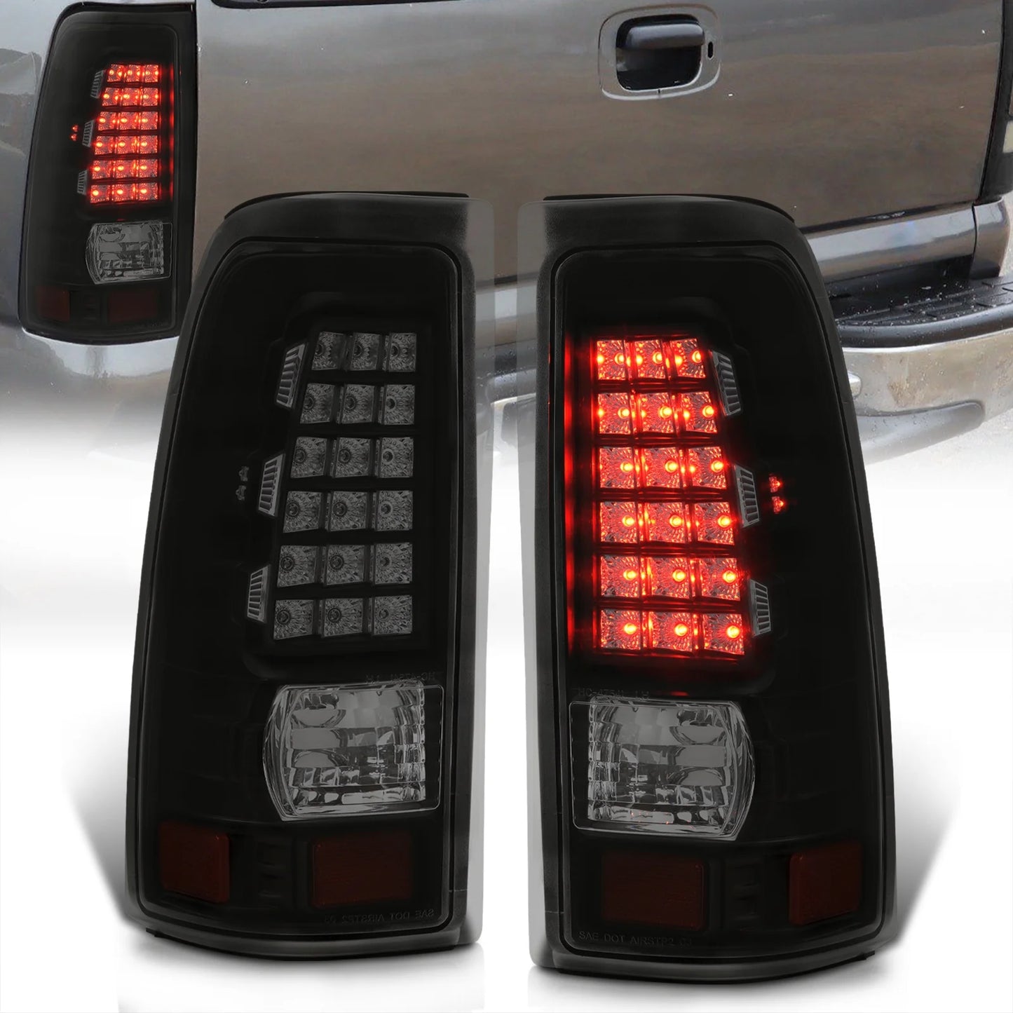 AJP Distributors Smoked Lens Black Housing LED Tail Lights Brake Stop Signal Driving Lamps Pair Compatible/Replacement For Chevy Silverado GMC Sierra Fleetside 1999 2000 2001 2002 2003 2004 2005 2006