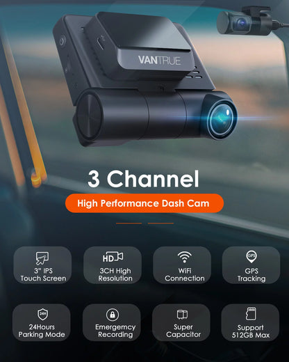 Vantrue S2 3 Channel 2K Front+1080P Interior +1080P Rear 30FPS WiFi Dash Cam, 3 inch Touchable IPS Screen Car Camera with Nearly 360° Wide Angle, GPS built in, 24h Parking Monitor, Supercapacitor