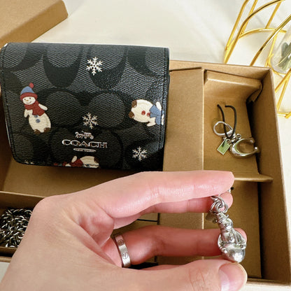 Coach CN047 Boxed Mini Wallet On A Chain In Signature Canvas With Snowman Print IN Black Multi