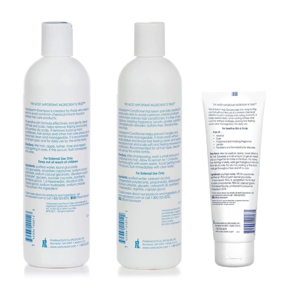 Vanicream Shampoo, Conditioner and Hair Gel For Sensitive Skin, 12 oz & 7 oz