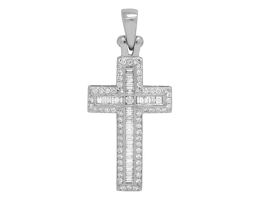 14K White Gold Diamond Baguette Cross 1.25" 0.4CT