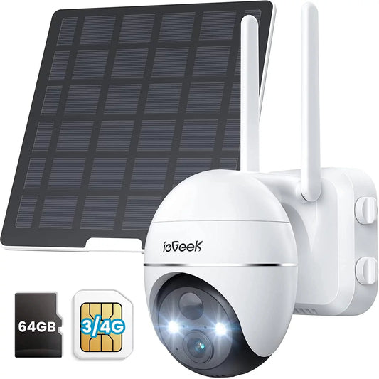 3G/4G LTE Cellular Security Camera Wireless, Outdoor, Solar Powered, 2K QHD, 360° PTZ, No WiFi Surveillance Camera, Color Night Vision, SIM&64GB SD Card Included