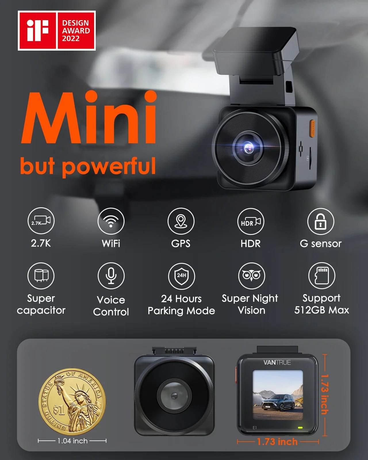 Vantrue E1 2.7K WiFi Mini Dash Cam with GPS and Speed, Voice Control Front Car Dash Camera, 24 Hours Parking Mode, Night Vision, Buffered Motion Detection, APP, Wireless Controller, Support 512GB Max