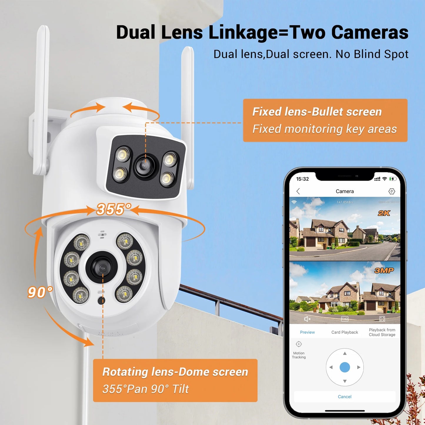 TOPVISION Dual Lens Security Camera Outdoor, 6MP Dual Lens Smart Linkage, IP66 Waterproof 2.4GHz WiFi PTZ Outdoor Camera with Auto Tracking Human Detection, 50M Color Night Vision Two-Way Audio