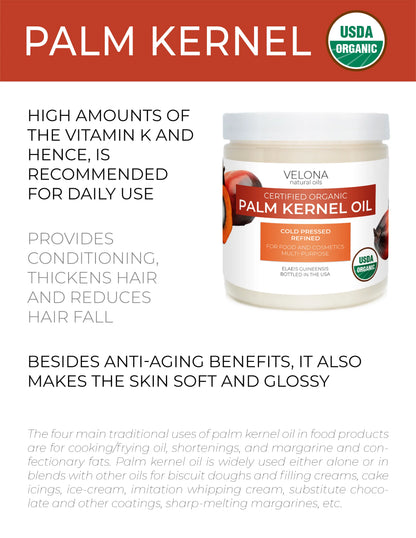 Velona USDA Certified Organic Palm Kernel Oil - 112 oz | 100% Pure and Natural Carrier Oil | Refined, Cold Pressed | Face, Hair, Body & Skin Care | Use Today - Enjoy Results