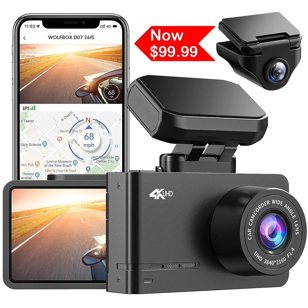 WOLFBOX Dash Cam Front and Rear, 4K Dashcam for Cars with WiFi GPS, 4K/2.5K Dash Cam Front+ 1080P Rear with 2.45" LCD, Night Vision, Loop Recording, Parking Monitor