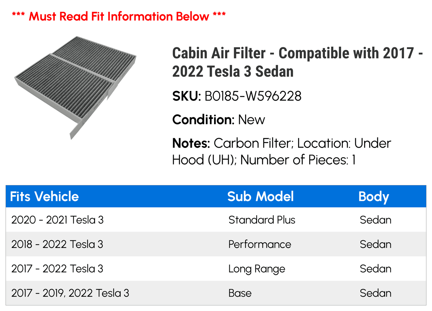 Cabin Air Filter - Compatible with 2017 - 2022 Tesla 3 Sedan 2018 2019 2020 2021