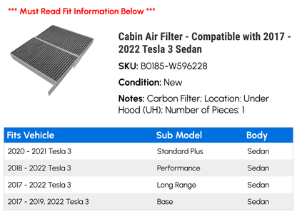 Cabin Air Filter - Compatible with 2017 - 2022 Tesla 3 Sedan 2018 2019 2020 2021