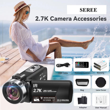 SEREE Video Camera for Youtube Camcorder Night Vision Film Camera Full HD 2.7K 30FPS 30.0 MP IR Vlogging Digital Camera, 2 Batteries, Remote