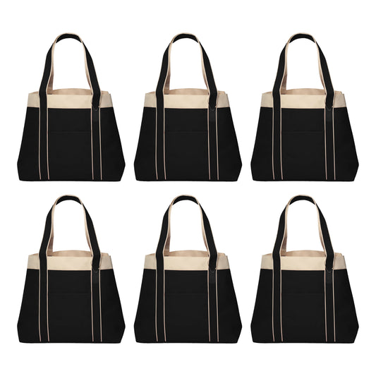 6 Donna Polyester Tote Bags Set - Two Tone, Reinforced Straps, Wide Gusset, Everyday Use - Black