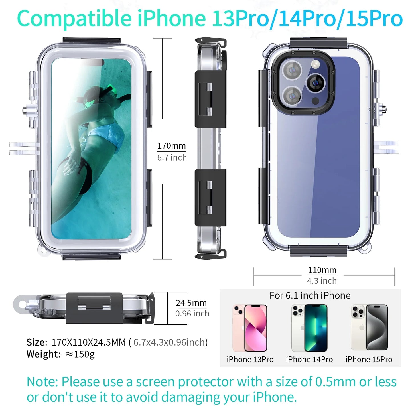 Upgrade One-Way Valve Diving Case for iPhone 15 Pro / 14/14 Pro / 13/13 Pro / 12/12 Pro Waterproof Housing,40m/130ft Underwater Diving Case IP68 Waterproof Shockproof Dustproof