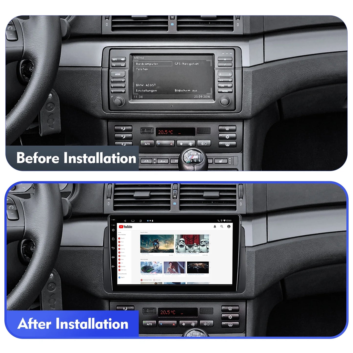 6+128G 9-inch Android 12 Double Din Car Stereo for BMW E46/M3/318/320/325/Rover 75/MG ZT Touchscreen Screen QLED Car Radio with Carplay Android Auto SWC Support Backup Camera