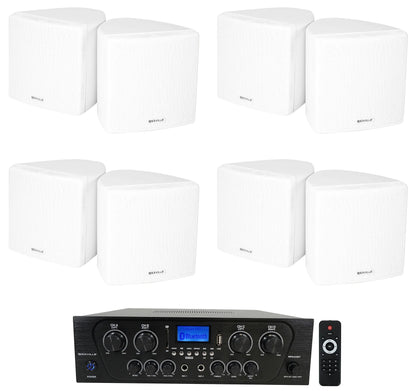 Rockville RPA40BT 4-Room Home Audio Kit Receiver+(8) White Wall Cube Speakers