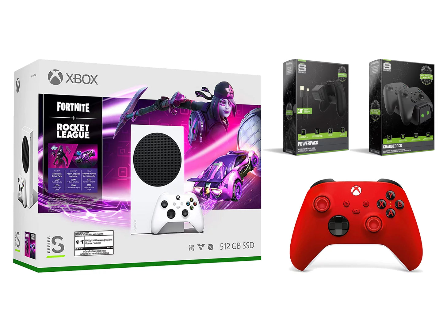 Xbox Series S Console Fortnite Rocket League with Extra Pulse Red Controller, Charge Cable/Battery and Dual Charge Dock