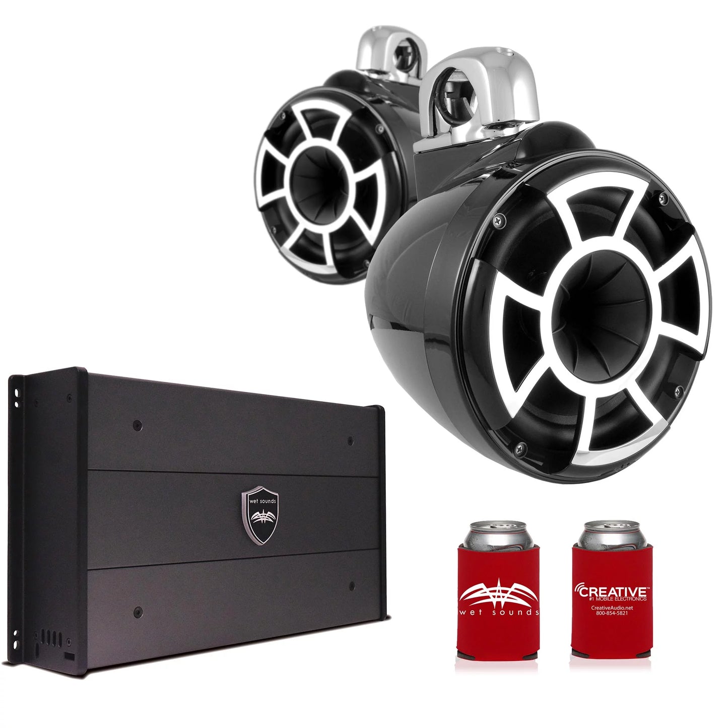 Wet Sounds REV8B-FMINI 8" Black Tower Speakers with Stainless Steel Fixed Mini Clamps & SYN-DX2.3 1200 Watt Amplifier