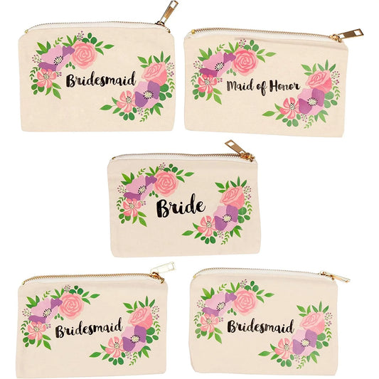 Set of 5 Bridesmaid Makeup Bags, Maid of Honor Bride Canvas Cosmetic Gift Pouches for Bridal Shower, Bachelorette Party, Wedding Favors, Vintage Floral