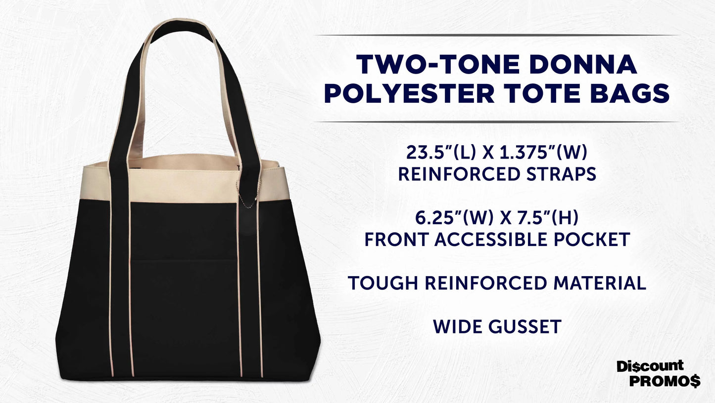 6 Donna Polyester Tote Bags Set - Two Tone, Reinforced Straps, Wide Gusset, Everyday Use - Black