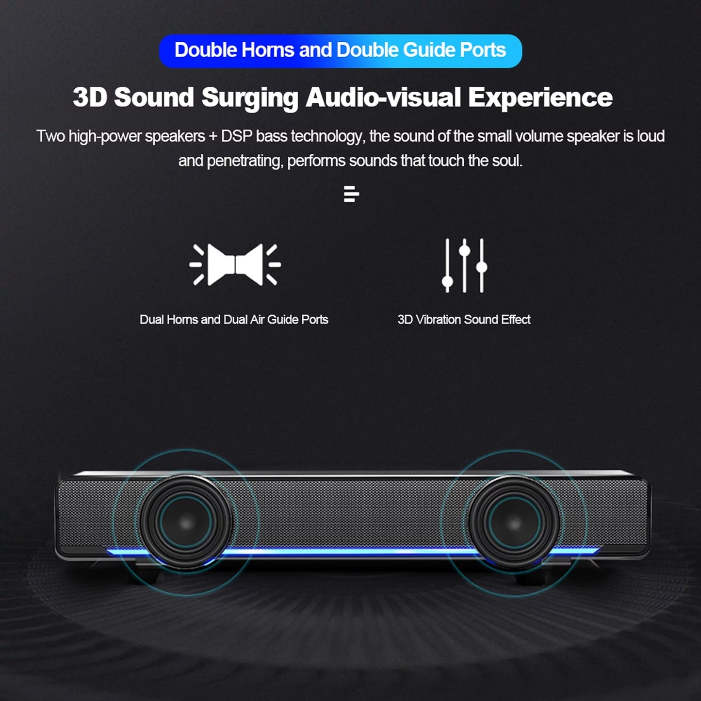 Carevas V-196 USB Wired Computer Speaker Bar Stereo Subwoofer Powerful Music Player Bass Surround Sound Box 3.5mm Audio Input for PC Laptop Smartphone Tablet MP3 MP4