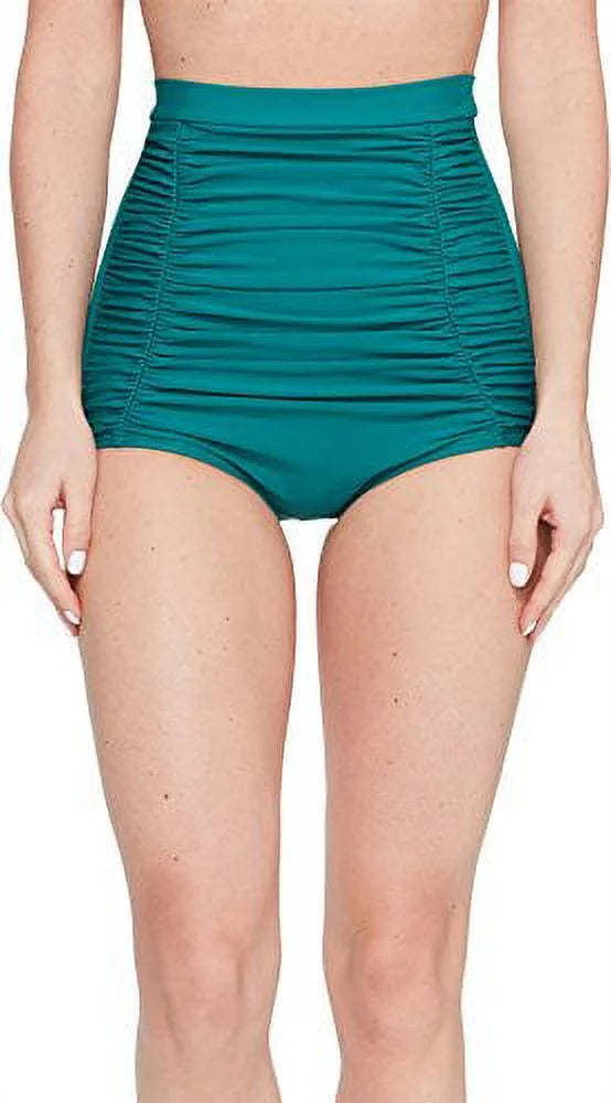 Unique Vintage Women's Monroe High Waist Ruched Bikini Bottom, Emerald Green, S