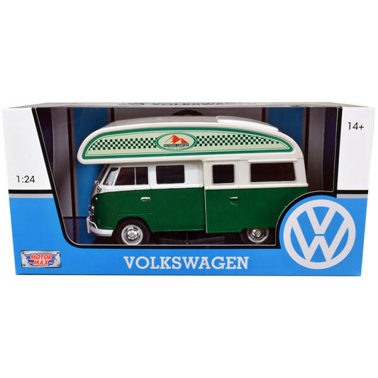 Volkswagen Type 2 (T1) Camper Van Green and White Outdoor Camping Explore the Forest 1/24 Diecast Model Car by Motormax