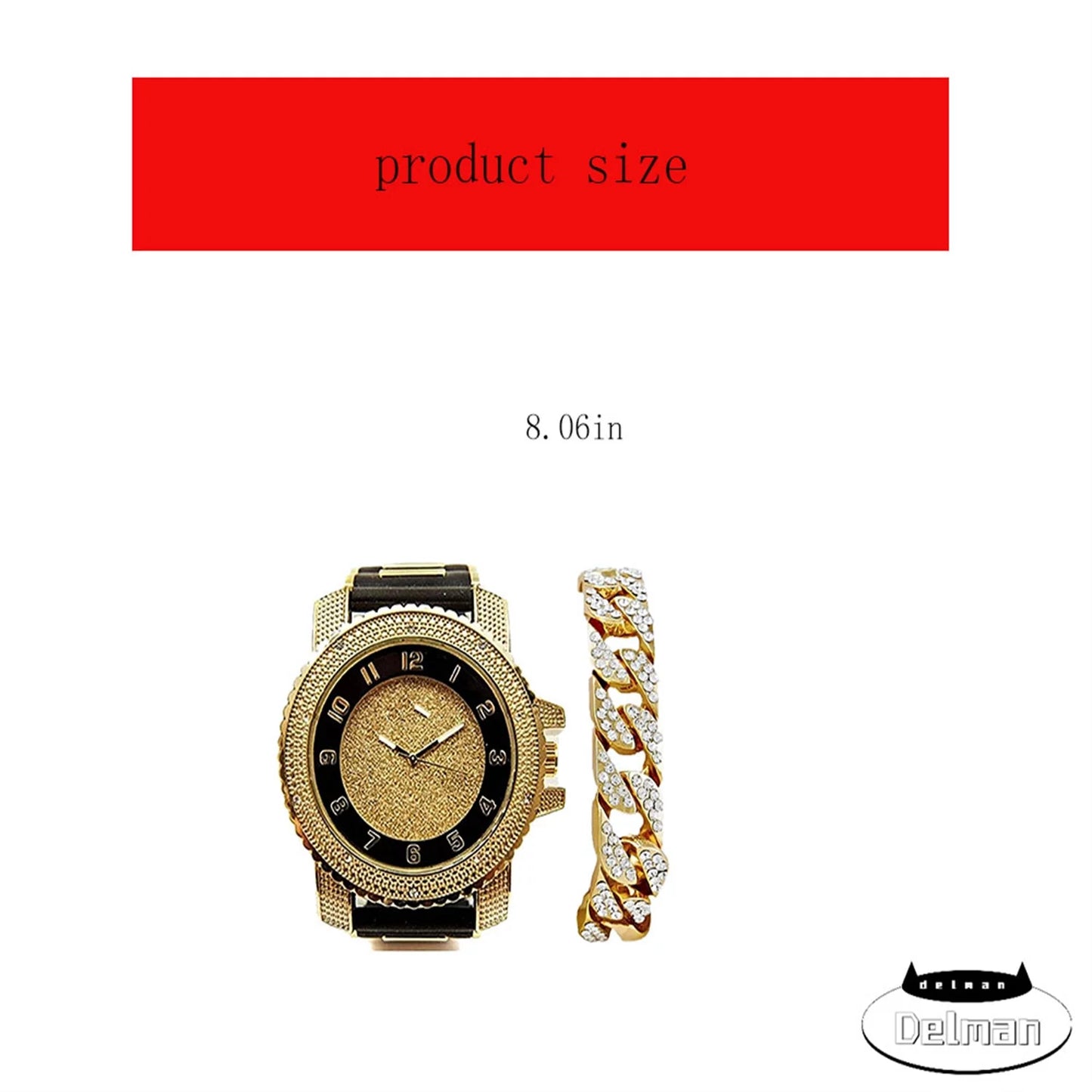 Bling-ed Out Black Rubber Hip Hop Bullet Gold Tone Watch w/Bling'd Out Gold Cuban Bracelet