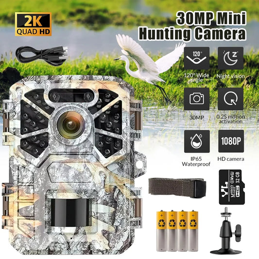 2 Pack Trail Camera, 30MP 2k Game Camera with Infrared Night Vision Wildlife Surveillance, Farm Monitoring, Waterproof Hunting Trail Monitor with 120° Wide Angle Lens