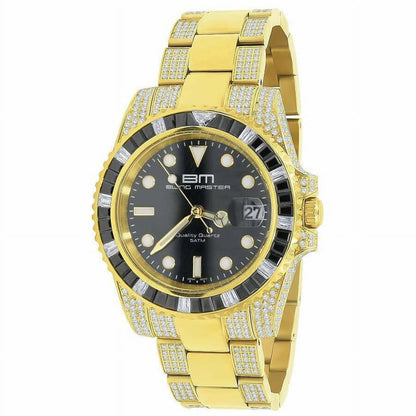 Solid Stainless Steel 18k Yellow Gold Simulated Diamond Mens Presidential Watch 40mm