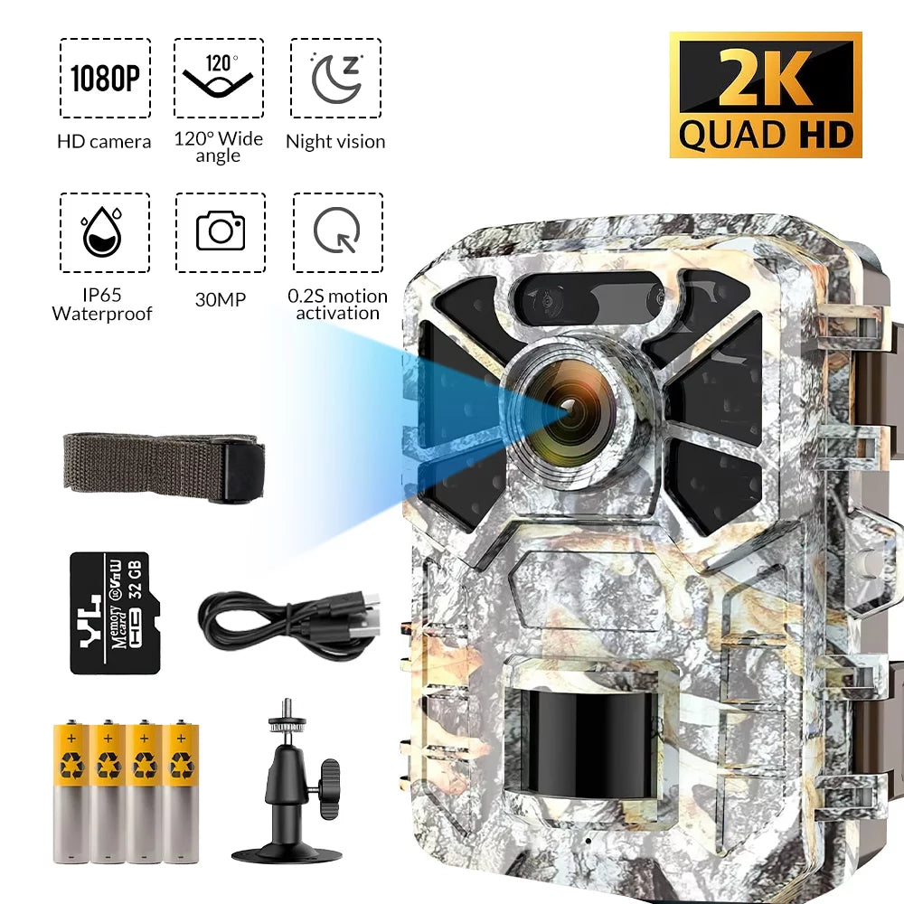 2 Pack Trail Camera, 30MP 2k Game Camera with Infrared Night Vision Wildlife Surveillance, Farm Monitoring, Waterproof Hunting Trail Monitor with 120° Wide Angle Lens