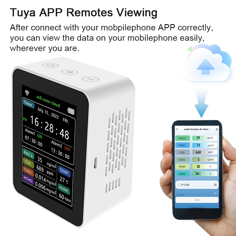 Tuya Wifi Intelligent Air Quality Detector Pm2.5 Co2 Tvoc Hcho Temperature Humidity 6 In 1 Detector Time Date Week Display Mobilephone App Remotes Viewing 2 Sets Alarm Clock Home Indoor Desk