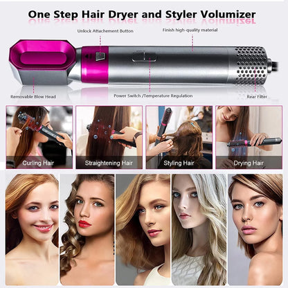 5-in-1 Electric Hair Dryer Brush - Negative Ionic Hair Styler with Detachable Brush Heads - Blow Dryer Brush for Straightening and Automatic Curling Styling, Color: PinkGold