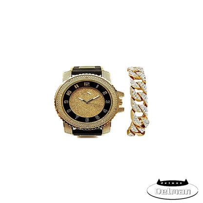 Bling-ed Out Black Rubber Hip Hop Bullet Gold Tone Watch w/Bling'd Out Gold Cuban Bracelet