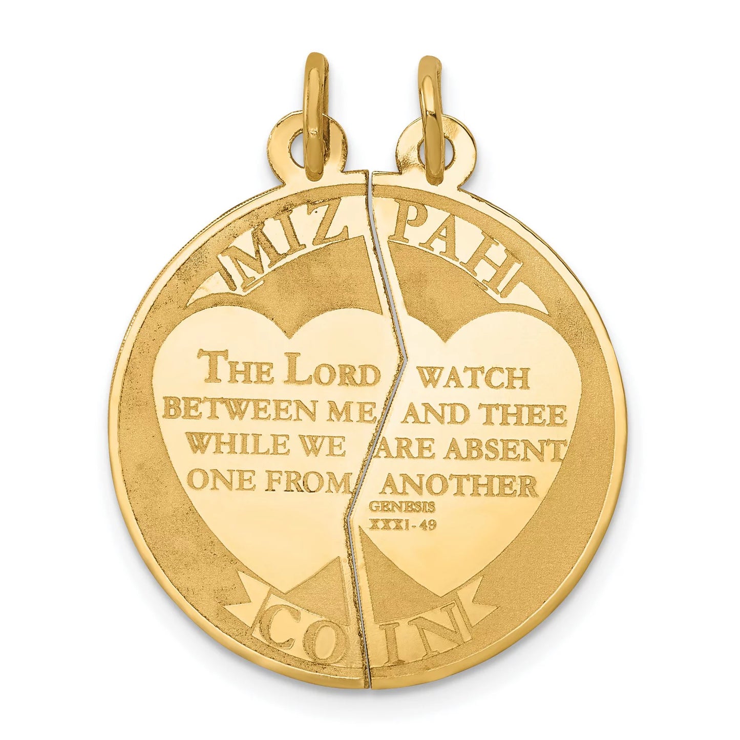 14k Yellow Gold Break Apart Mizpah Coin Emotional Bond Words Genesis 31:49 On Round Pendant 29 mm x 23 mm