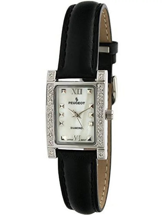 Womens Genuine Diamond (.10c) Bezel Watch with a Black Genuine Leather Strap