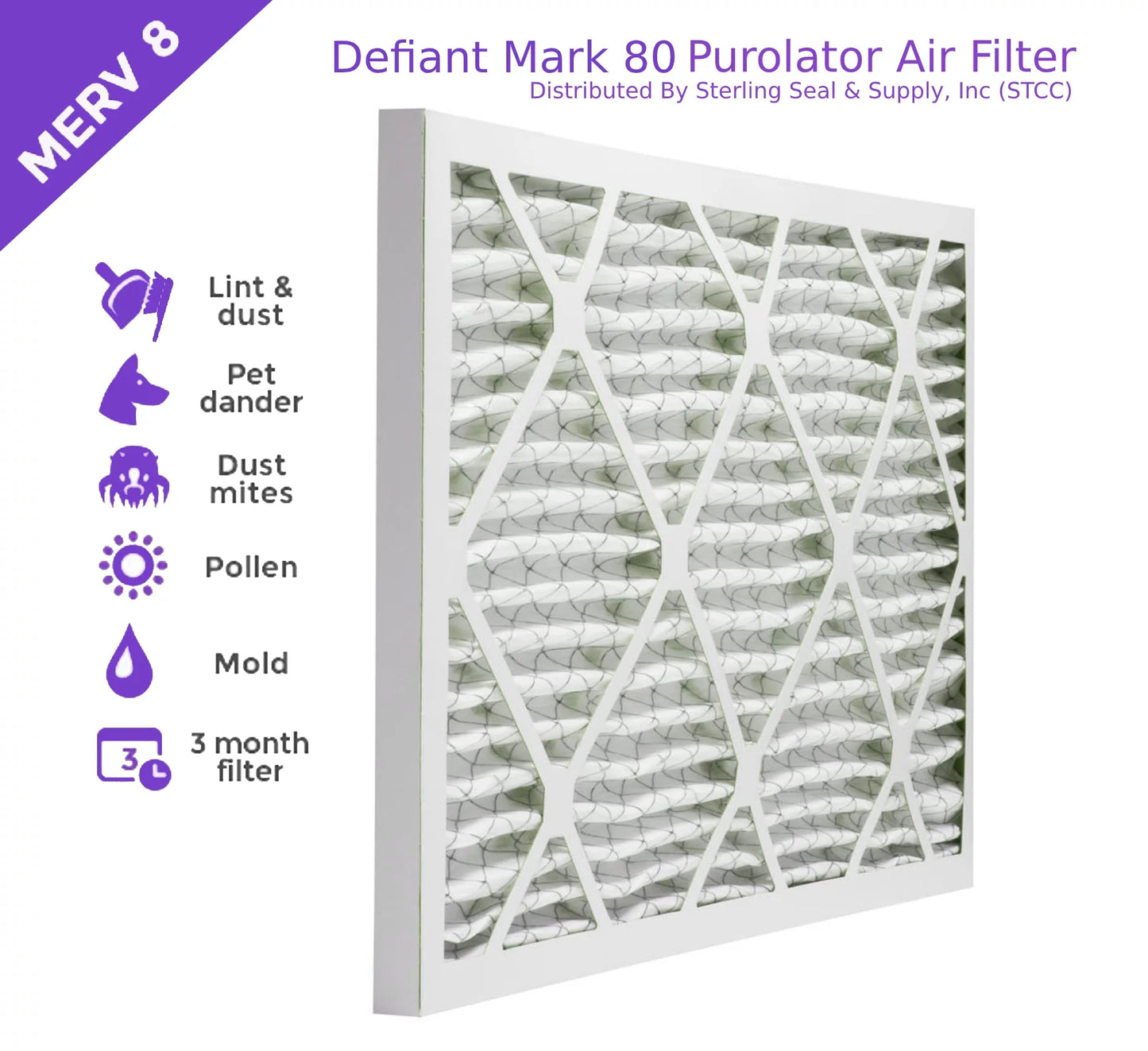 25x25x1, Purolator DMK80 Extended Surface Pleated Air Filter, Mechanical MERV 8, (6 Pack)