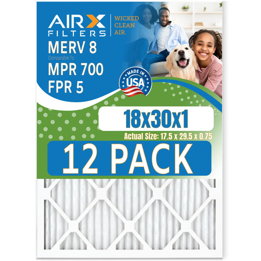 18x30x1 Air Filter MERV 8 Rating, 12 Pack of Furnace Filters Comparable to MPR 700 & FPR 5 - Made in USA by AIRX FILTERS WICKED CLEAN AIR.