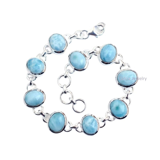 Solid 925 Sterling Silver Bracelet For Men Women, Genuine Oval Blue Larimar Multiple Gemstone Unique Handcrafted Bracelet For Her Him