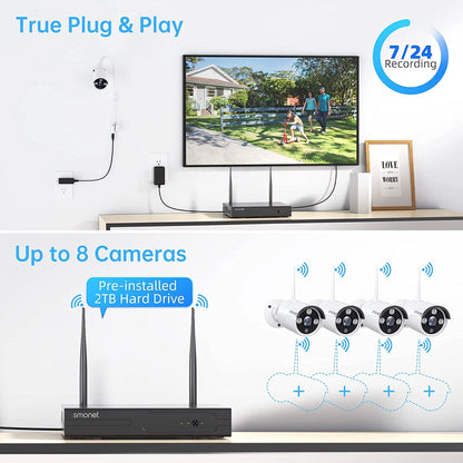 3MP Wireless Security Camera System with 2TB HDD, SMONET 4Pcs 8 Channel WiFi Surveillance NVR Kits, Indoor Outdoor CCTV Cameras System,Clearer than 1080P,Night Vision,AI Human Detection with Audio